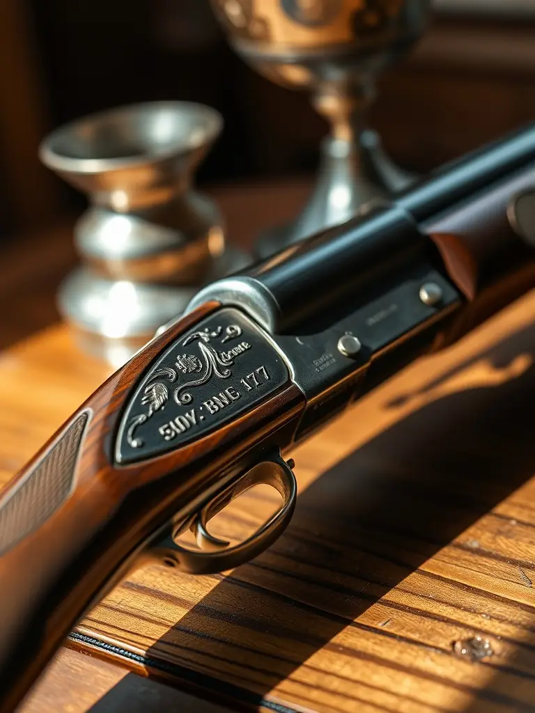 A close-up shot of a hunting horn, polished and gleaming, with a blurred background of a forest, symbolizing the tradition and heritage of the hunt.