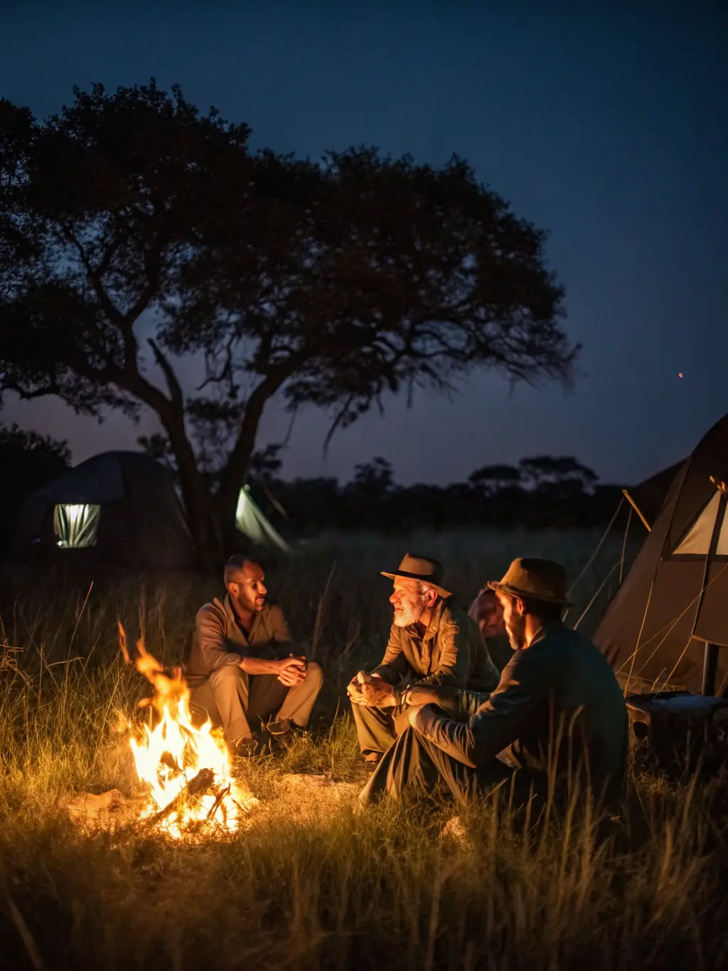 A picture of a group of hunters gathered around a campfire, sharing stories and experiences after a day of hunting, emphasizing camaraderie and community.