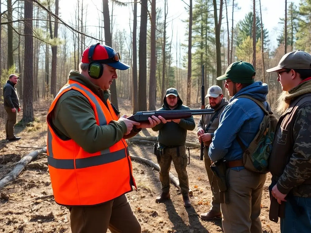 A photograph of community members participating in a training session on hunting safety and regulations, emphasizing the educational aspect of the organization's activities.
