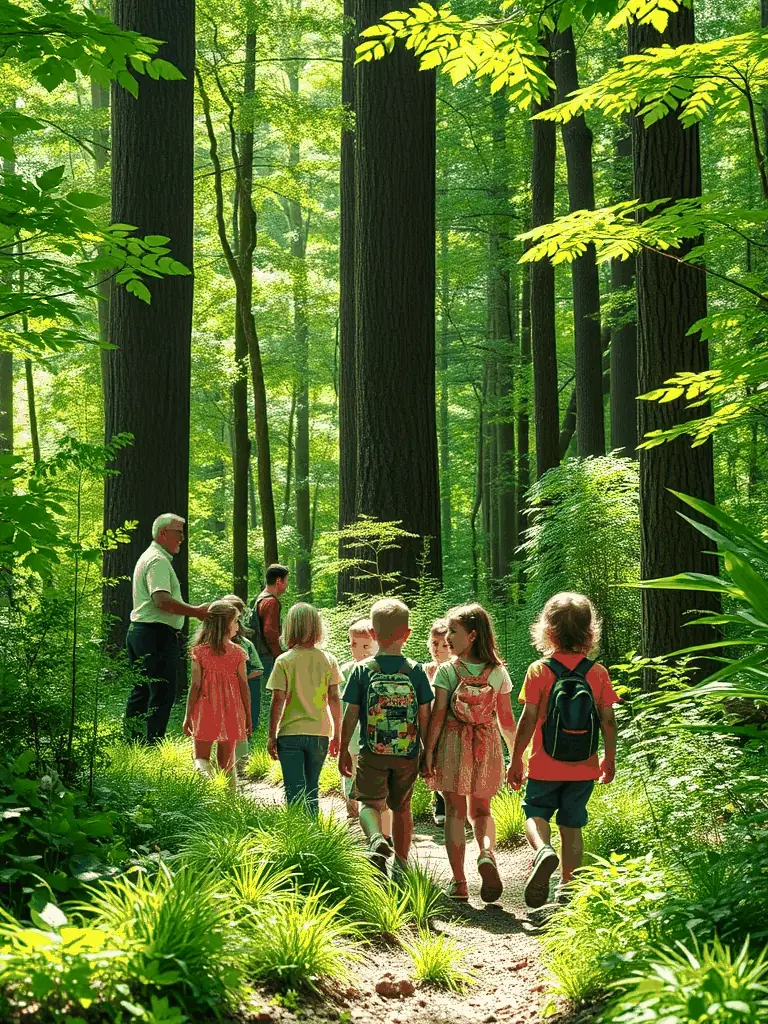 A photograph of a group of young participants learning about wildlife tracking in a forest, with an experienced hunter guiding them.