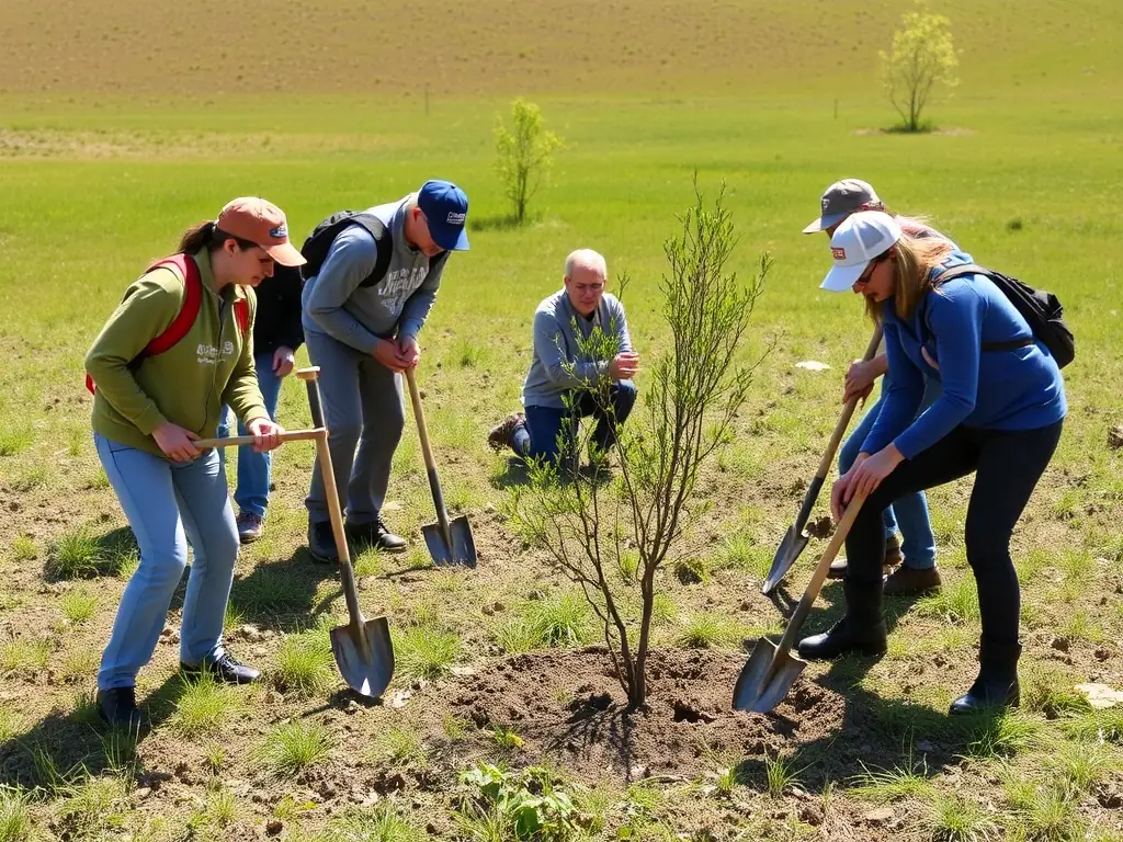 A scenic view of a group of volunteers cleaning up a local forest area, highlighting the organization's commitment to environmental conservation and community service.