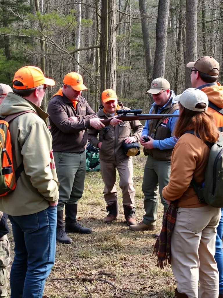 A photograph capturing a group of participants learning about hare hunting techniques in a field, with an experienced member demonstrating the proper handling of equipment.