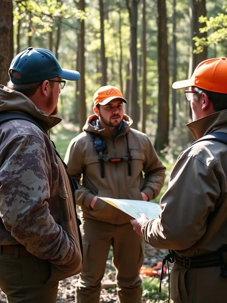 A photograph showing a safety training session for participants in a hunting activity, with instructors demonstrating the use of safety gear and protocols.